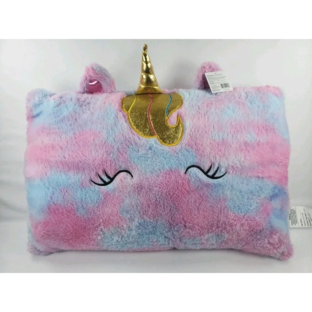 Unicorn Kids Bed Pillow Pink Blue Purple Tie Dye Fuzzy Plush Gold Horn NWT